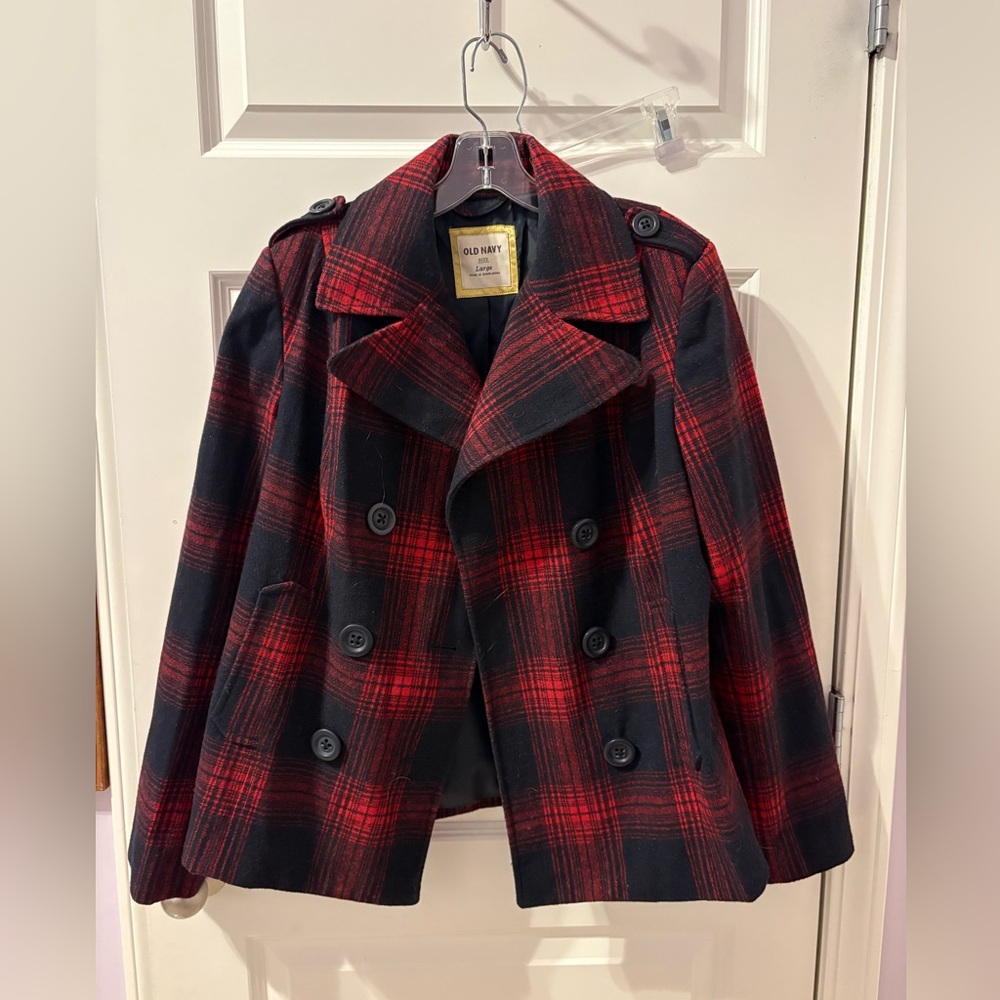 Old Navy Women's Black and Red Plaid Peacoat